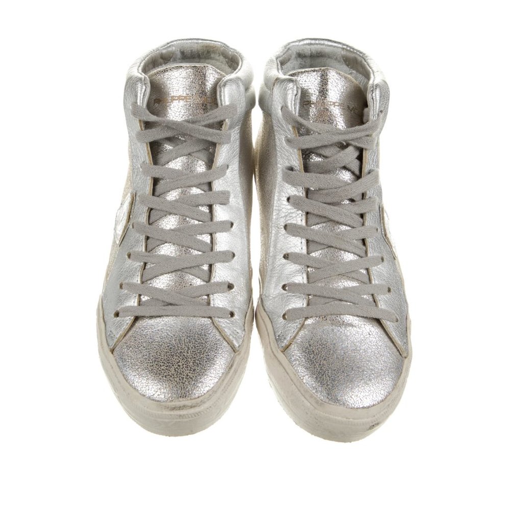 PHILIPPE MODEL Distressed Silver Leather Hightop Sneakers - Picture 2 of 3